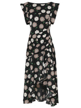 Load image into Gallery viewer, Black Floral Print Short Front Long Back Design Butterfly Sleeve 1940S Vintage Dress