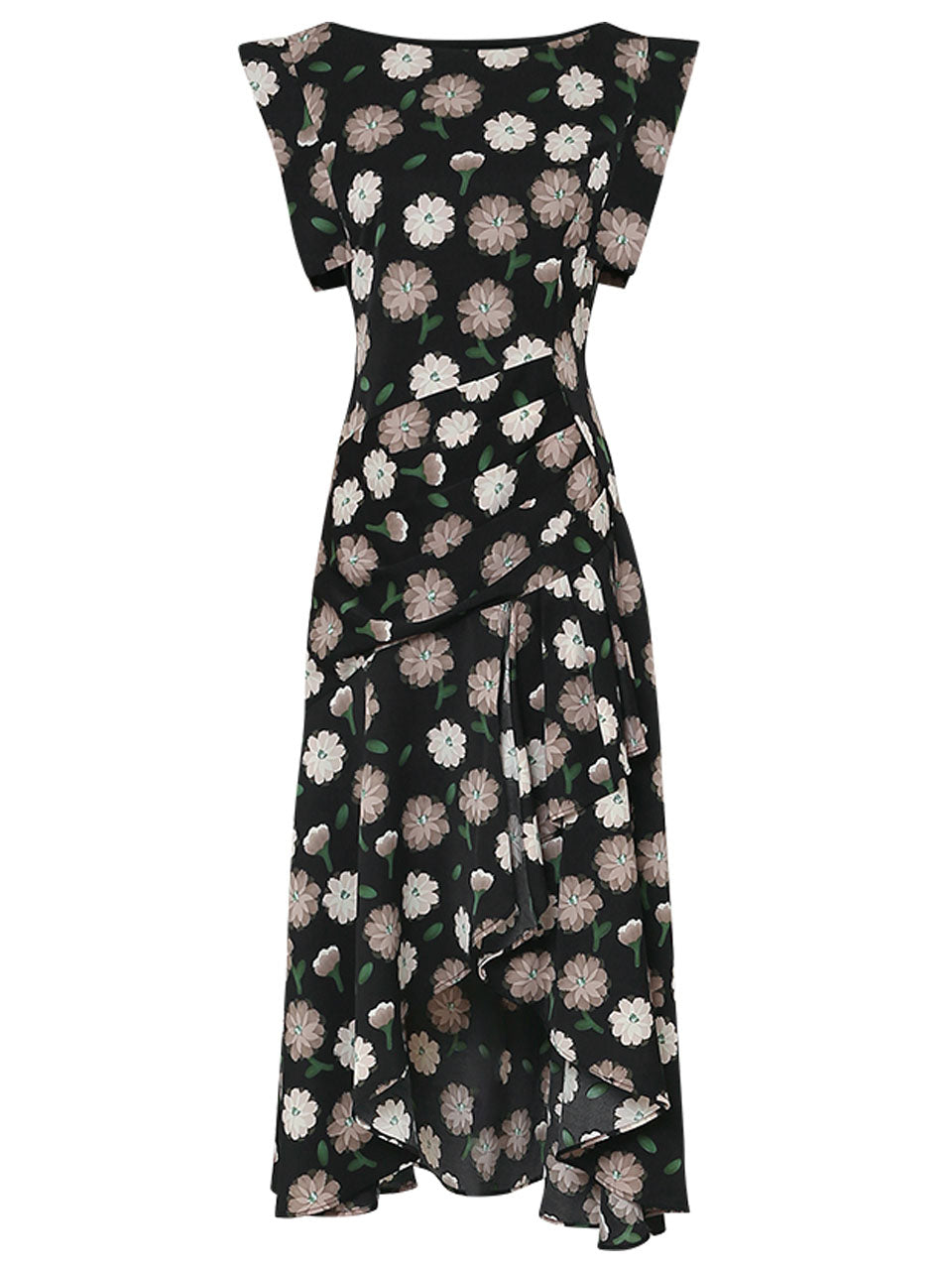 Black Floral Print Short Front Long Back Design Butterfly Sleeve 1940S Vintage Dress