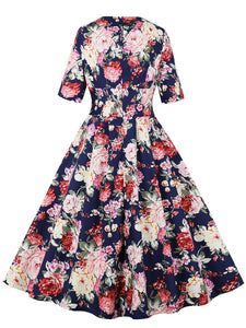Navy Sweet Heart Floral Print 1950S Vintage Dress