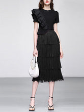 Load image into Gallery viewer, 2PS Black Ruffles Retro Short Sleeve T Shirt With Fringe Skirt Suits