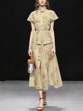 Load image into Gallery viewer, 2PS Brown Floral Print Ruffled Sleeve Shirt With Swing Skirt Set