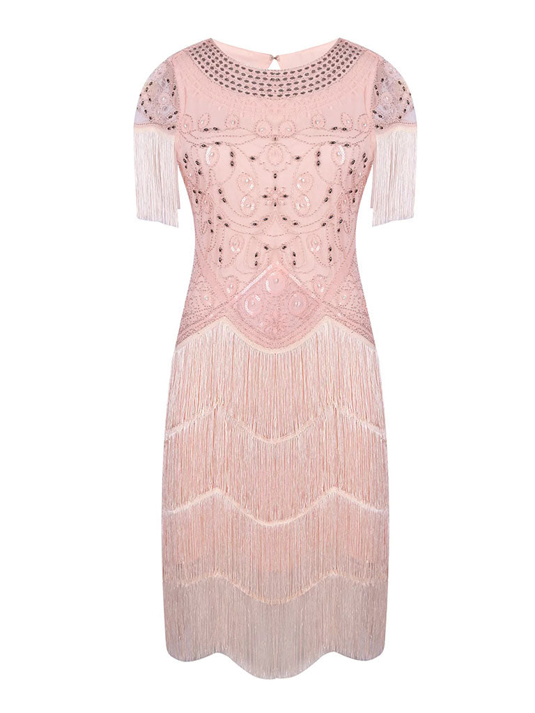 Roaring 20s 1920s Knee Length Dress Flapper Dress Short Sleeves The Great Gatsby Wedding Guest Sequins Tassel Fringe Scoop Neck Fancy Dress Women's