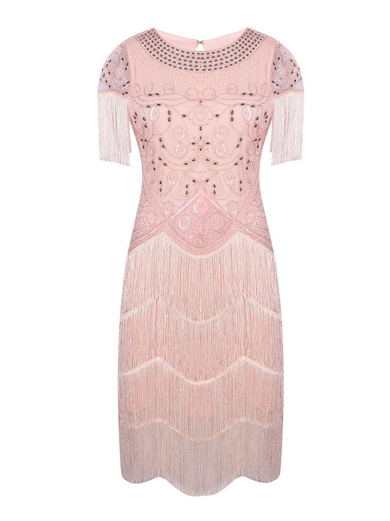 Pink Gatsby Glitter Fringe 1920s Flapper Dress