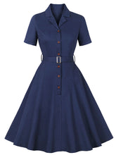 Load image into Gallery viewer, Navy Turndown Collar Plaid Short Sleeve 1950S Vintage Dress