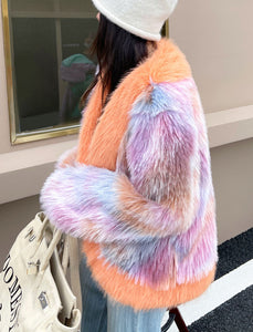 Orange Long Sleeve Faux Fur Jacket For Women