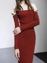 Load image into Gallery viewer, Red Cheongsam with Open Long Sleeve Knitted Vintage Dress
