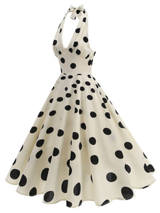White and Black Polka Dots Halter Backless 1950S Vintage Swing Dress inspired by Cruella