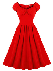 Red Off Shoulder Short Sleeve Vintage Swing Dress
