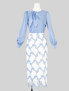 2PS Blue Bow Collar Satin Shirt And Lace Mermaid Skirt Suit