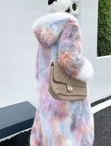 Faux Fur Coat Women V Neck Long Sleeve Hooded Maxi Winter Coat