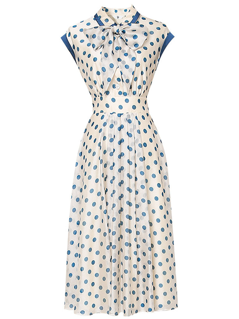 Blue Polka Dots Bow Collar 1950S Vintage Dress With Cap Sleeve, Blue / S