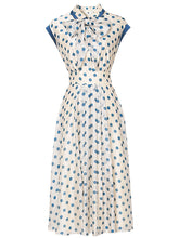 Load image into Gallery viewer, Blue Polka Dots Bow Collar 1950S Vintage Dress With Cap Sleeve