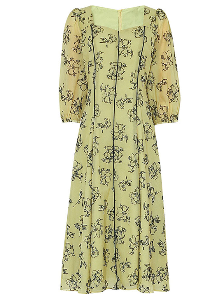 Mustard Yellow Square Neck Floral Print 1950S Vintage Swing Dress