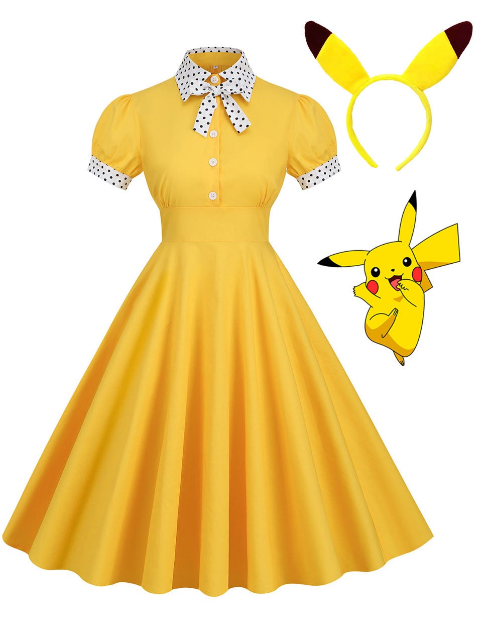 Yellow Pikachu Inspired by Pokemon Swing Vintage 1950s Dress with Headband, Yellow / M