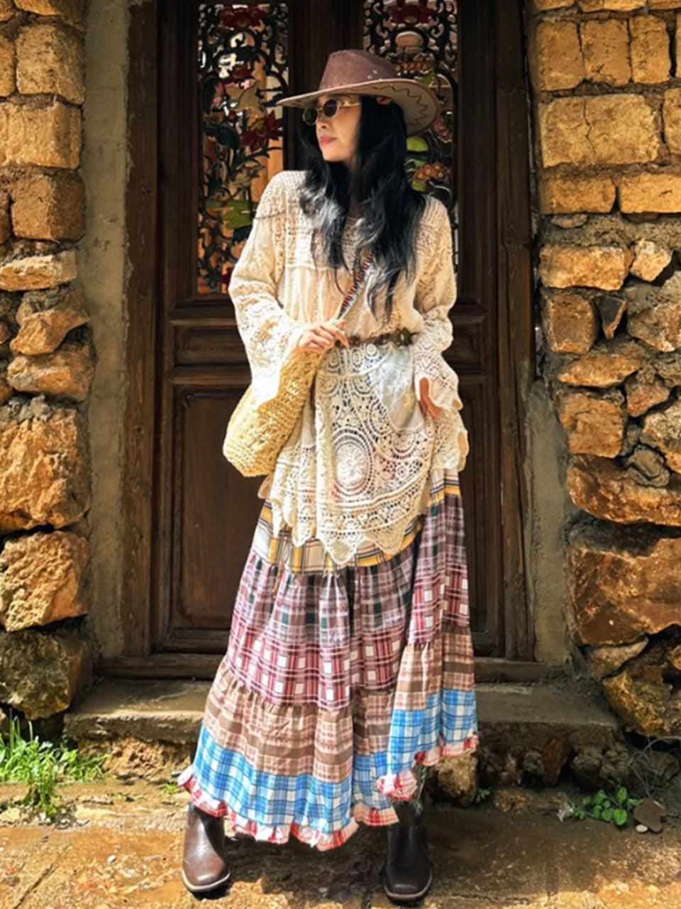Women's Bohemian Lace Dress and Print Skirt Boho Maxi Dress Outfit, White / L