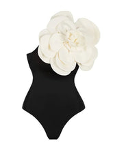 Load image into Gallery viewer, Black One Shoulder Rose Swimsuit With Bathing Suit Warp Skirt