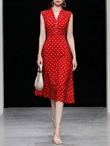 Red Polka Dots V-neck Hepburn Same Style Chiffon Dress