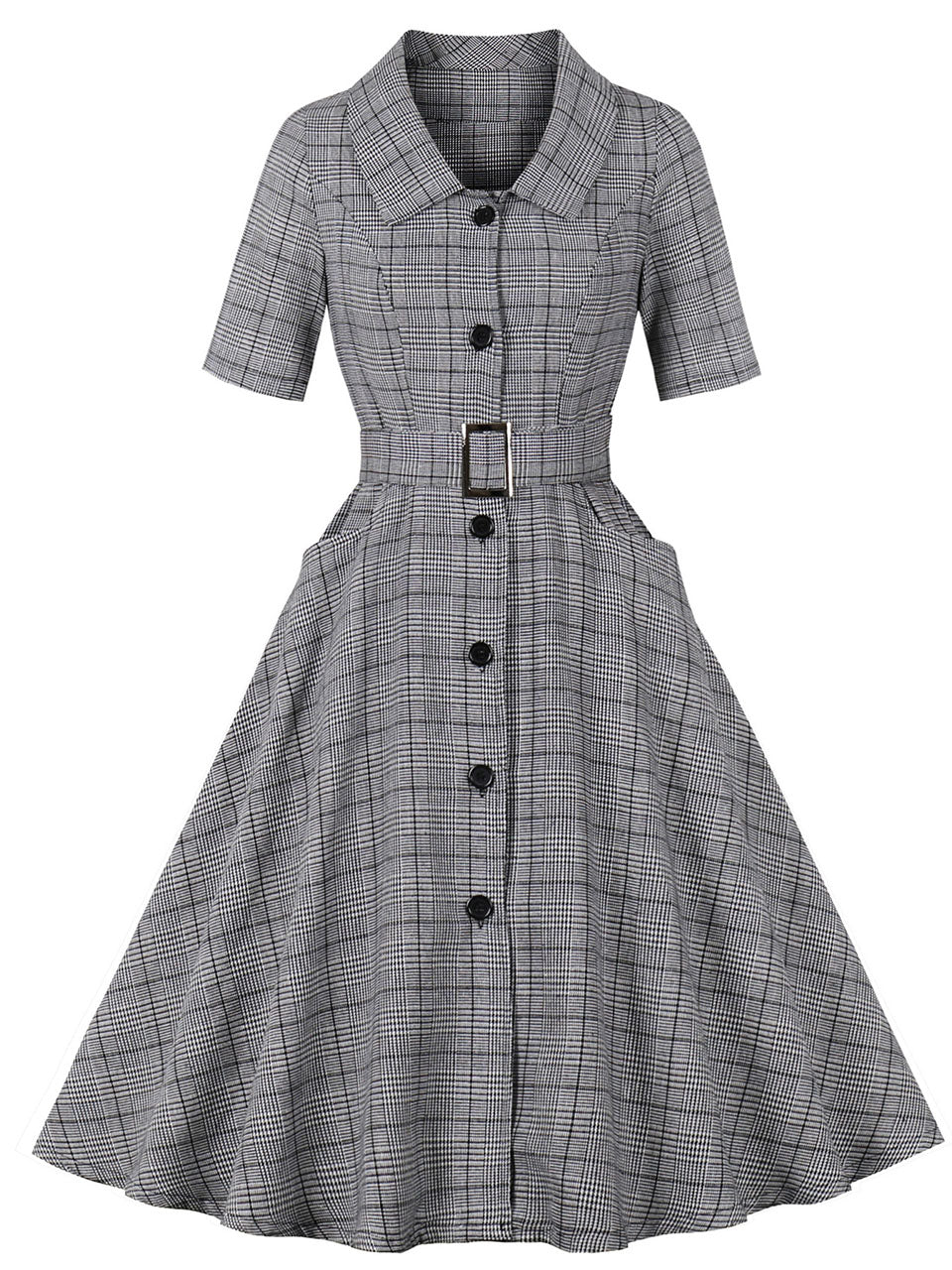 1950S Grey Turndown Collar Plaid Short Sleeve Vintage Dress With Pocke   Jolly Vintage