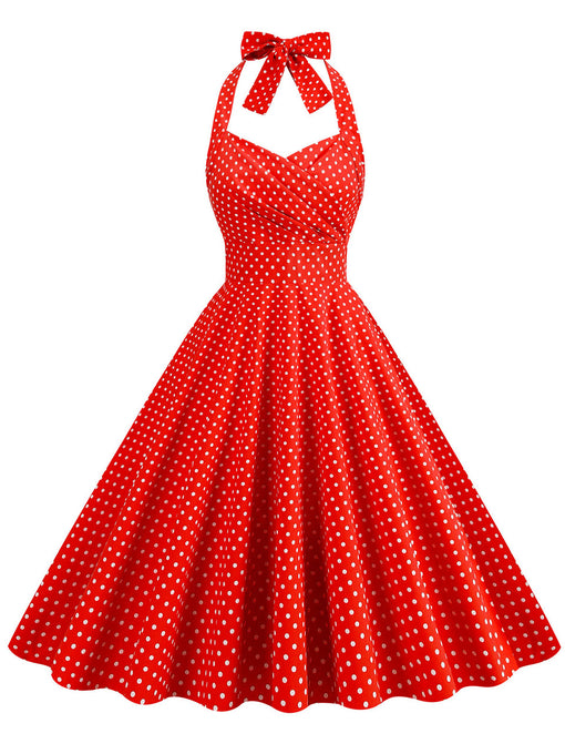 Red Polka Dots Vintage Halter Strap Backless 1950S Vintage Dress With Pockets