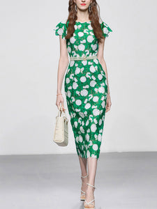 Green Fruit Embroidery Hollow Lace 1960S Vintage Fishtail Dress With Pearls Belt
