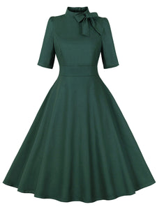 Dark Green Bow Collar Short Sleeve 1950S Vintage Dress