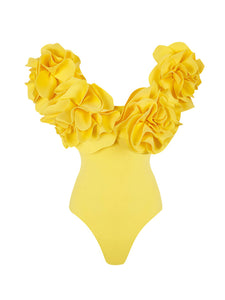 Yellow V Neck Flower One Piece With Bathing Suit Warp Skirt