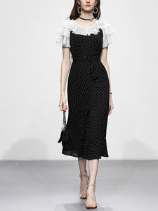 Black Polka Dots Collaret Ruffles Sleeve Mermaid Vintage Dress