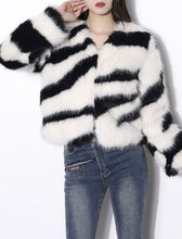 Load image into Gallery viewer, Black and White Zebra Stripes Faux Fur Long Sleeve Coat Women Winter Coat