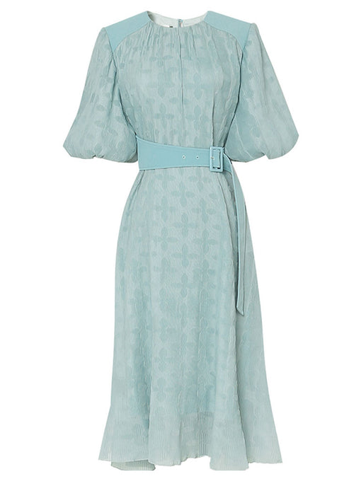 Green Crew Neck Toothpick Pleated Jacquard Fabric Puff Sleeve Vintage Dress
