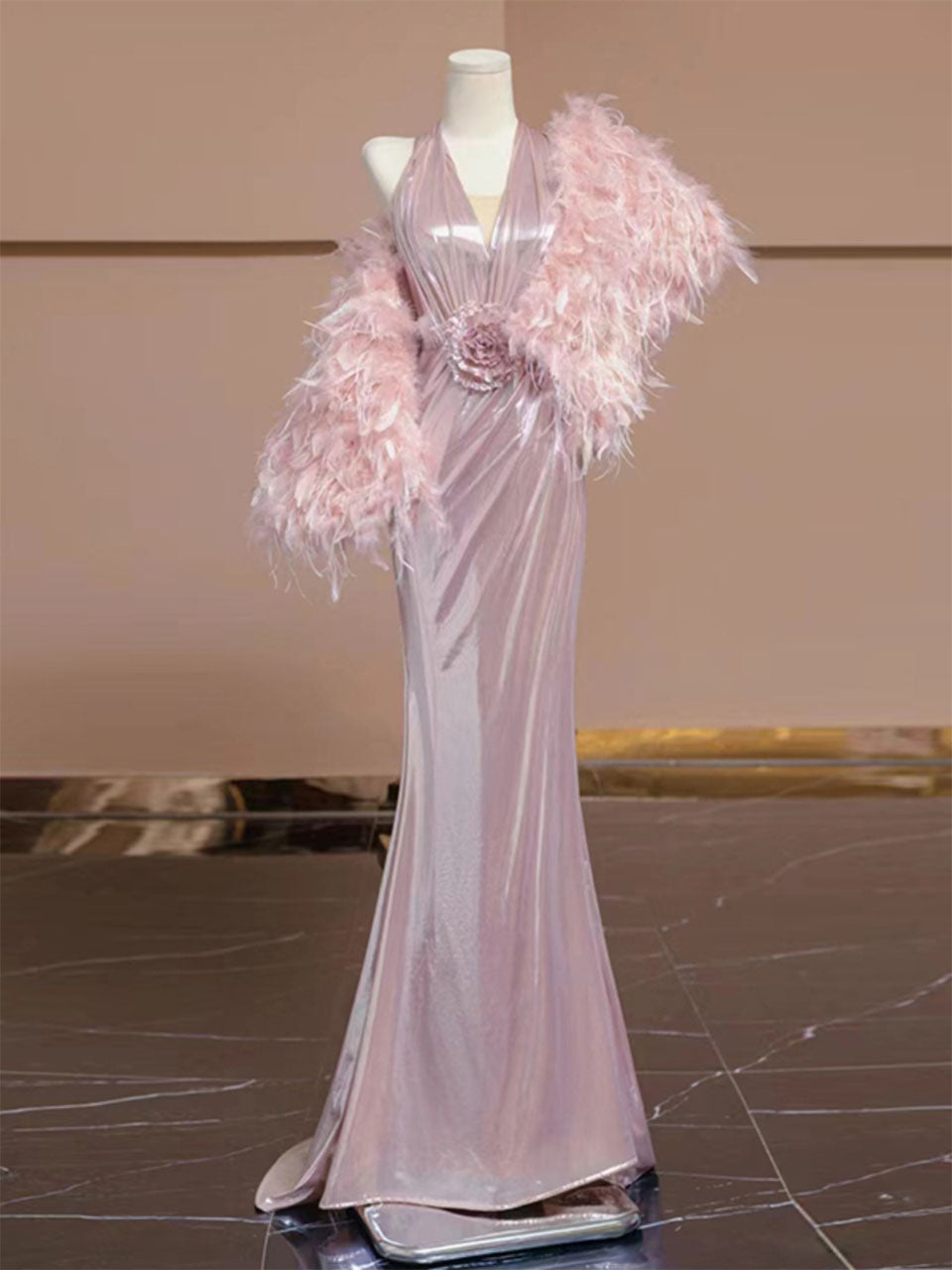 Pink Pleated V Neck Retro Fishtail Dress With Shawl, Pink / L