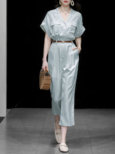 Baby Blue Lapel Collar Cotton And Linen Short Sleeve Workwear Jumpsuit