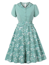 Load image into Gallery viewer, Green Peter Pan Collar Floral 1950s Vintage Swing Dress