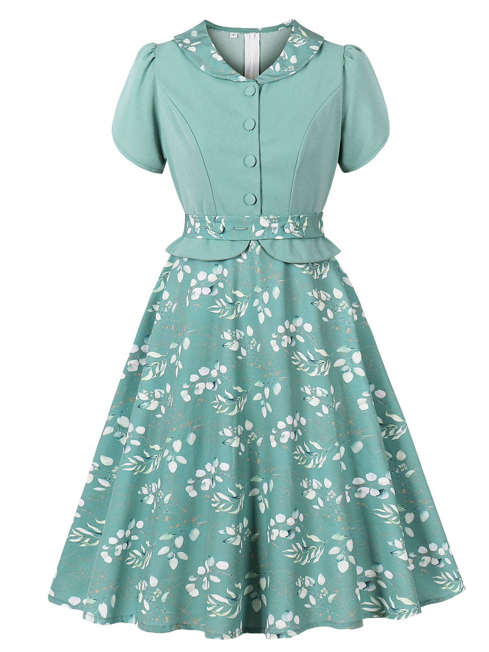 Green Peter Pan Collar Floral 1950s Vintage Swing Dress
