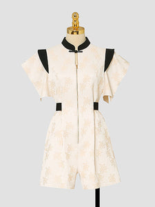 Apricot Jacquard Fabric Short Sleeve High Waist Jumpsuit