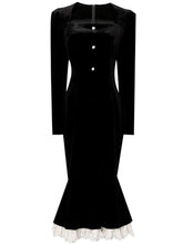 Load image into Gallery viewer, Black Square Neck Ruffle Velvet Fishtail Lace Vintage Dress