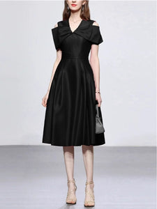 Rose Luxury Bow V Neck High Waist Swing Party Dress
