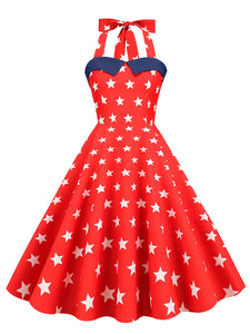 American Flag Stars Stripes Halter 1950S Vintage Dress, Red / XL American Flag Stars Stripes Halter 1950S Vintage Dress, Red / XL