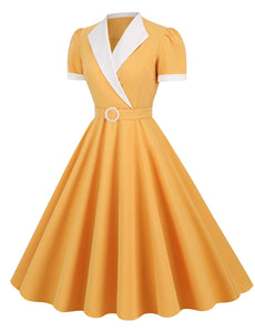 Yellow V Neck Short Sleeve Swing Vintage 1950S Dress With Belt