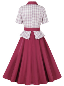1950S Wine Red Plaid Long Sleeve Fake Barsuit Vintage Swing Dress