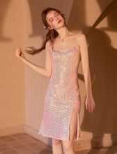 Load image into Gallery viewer, Pink Sequined Split Sexy Bodycon Dress With Straps