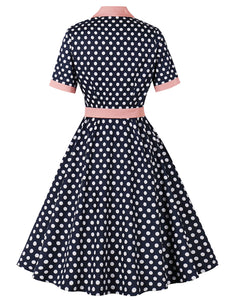 1950S Turndown Collar Polka Dots Short Sleeve Vintage Dress