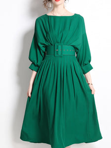 Green Dolman Sleeve High Waist Swing Party Dress With Belt