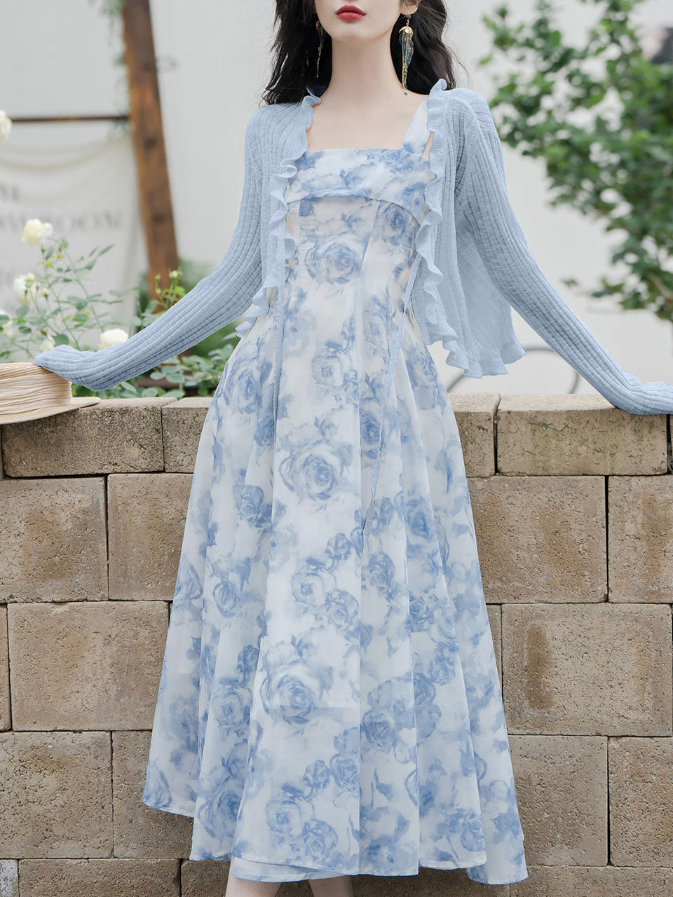 2PS Blue Rose Spaghetti Strap 1950s Vintage Dress with Long Sleeve Cardigan, Blue / Xs