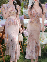 Load image into Gallery viewer, 2-Way Wear Vintage Floral Print Cape Sleeve Chiffon Dress for Summer Vacation