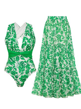 Load image into Gallery viewer, 2PS Green Floral Halter One-Piece Swimsuit with Maxi Skirt