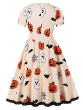 Load image into Gallery viewer, 1950s Orange Square Neck Short Sleeve Halloween Pumpkin Print Vintage Swing Dress with Headband