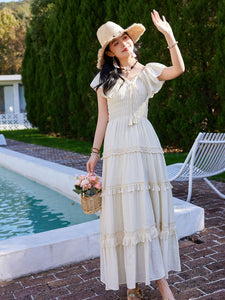 White Bohemian Off The Shoulder Ruffled Tassel High Waist Boho Maxi Dress
