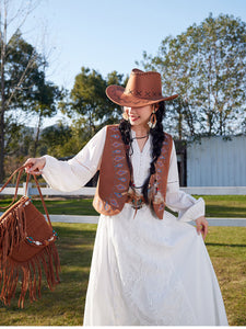 Bohemian White Embroidered Cotton Maxi Dress with Suede Embroidered Vest Boho Suit