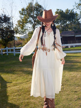 Load image into Gallery viewer, Bohemian White Ruffles Cotton Maxi Dress with Suede Embroidered Vest Boho Suit