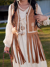 Load image into Gallery viewer, Bohemian White Tassel Cotton Maxi Dress with Suede Embroidered Vest Boho Suit